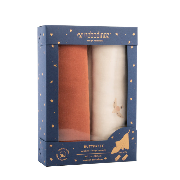 Boîte de 2 langes Butterfly 100 x 120 cm - Toffee par Nobodinoz - Cadeaux de naissance | Jourès